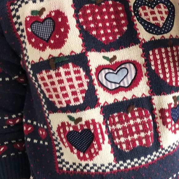 Adorable Vintage Crochet Hand Knit Embroidered Apple Heart Fair Isle Sweater - S - Picture 8 of 10